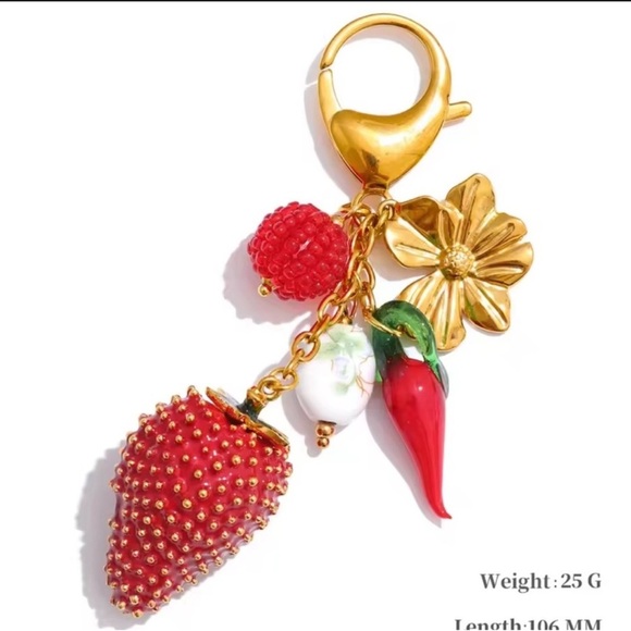 Strawberry Charm 18K Gold Stainless Steel Waterproof Keychain - Picture 3 of 7